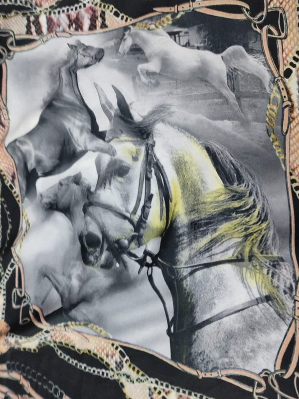 Black Horse Print On Habutai Satin HSPS82