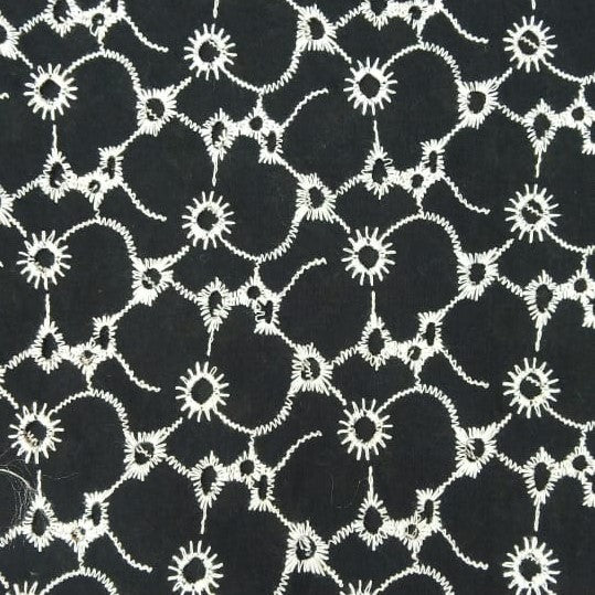 Black Cotton White Floral Embroidered Fabric