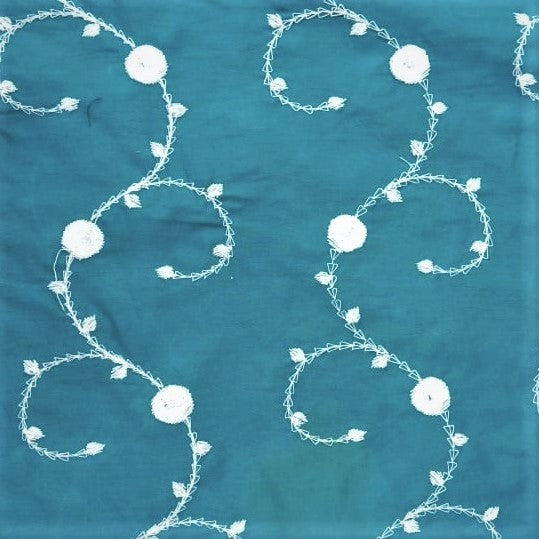 Turquoise Blue Cotton White Embroidered Fabric