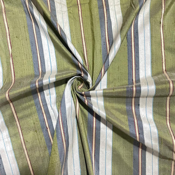 Raw Silk Dupion-Grey & White& Green-Stripes