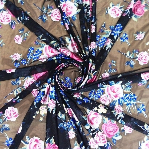 Elegant Black & Pink Floral Print on 3D Net 3DPS05