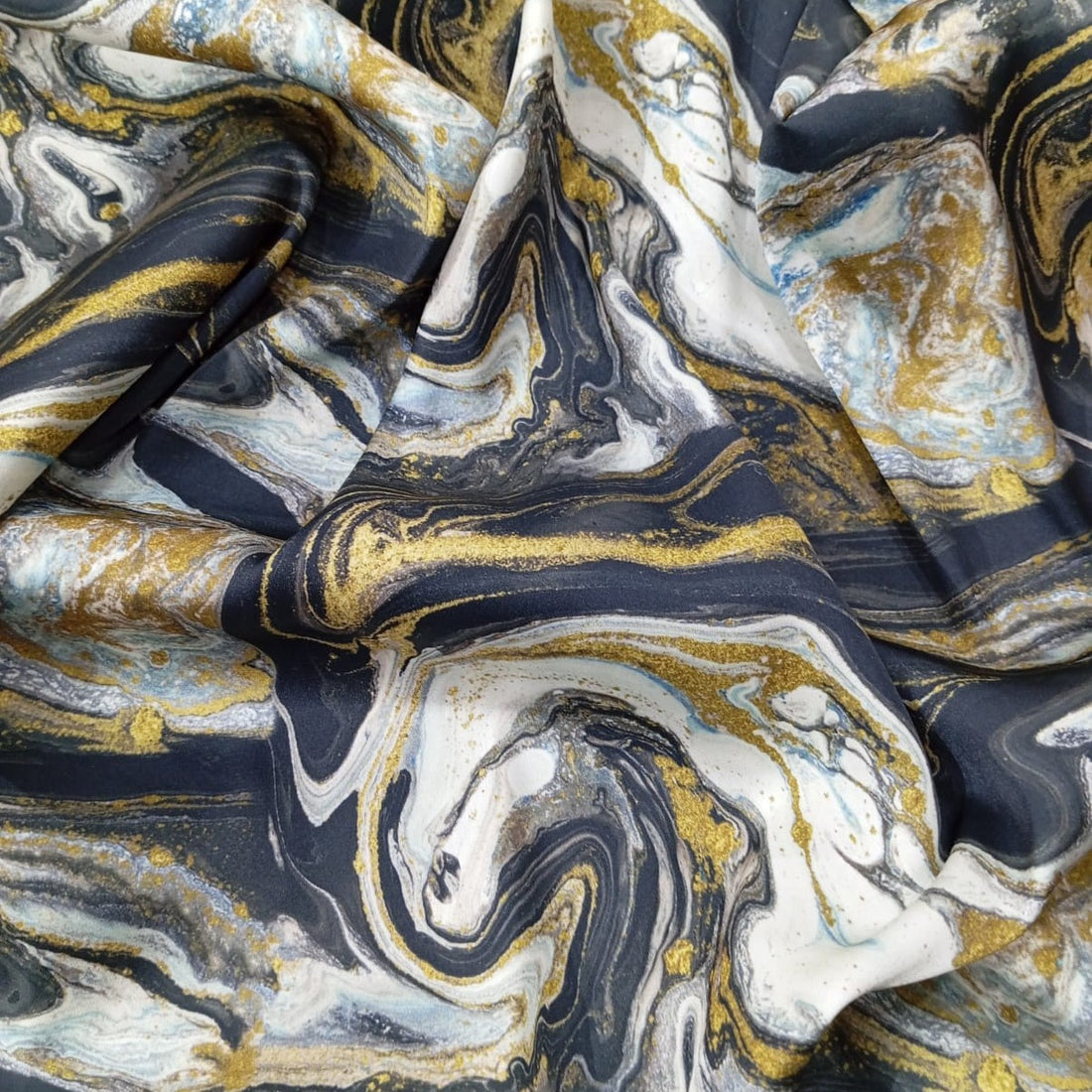 Golden Black & White Marble Print On Korean Satin KSPA11