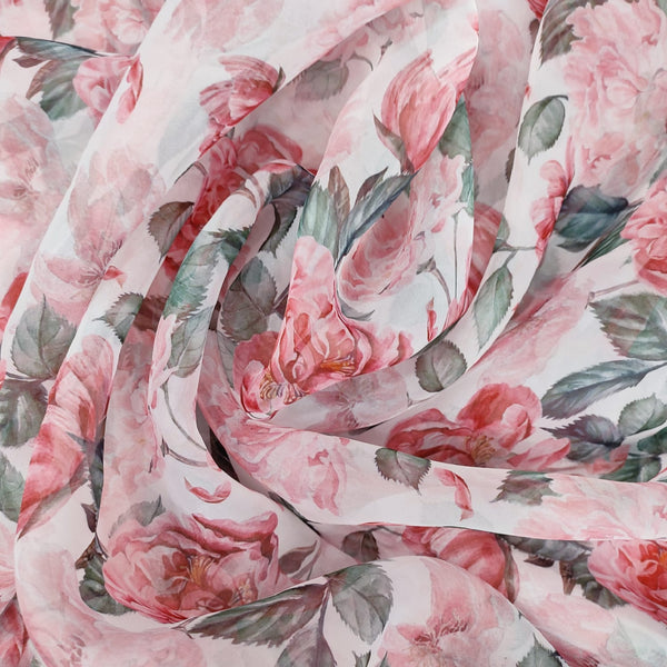 White Base Rose Floral Print On Organza-ORPA14