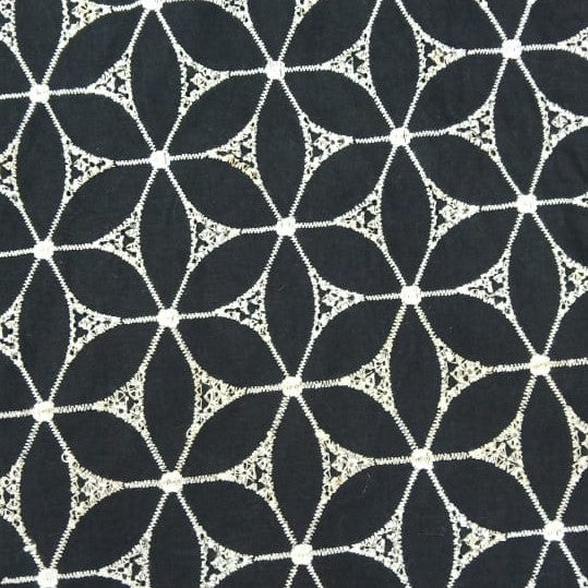 Black Cotton White Art Embroidered Fabric