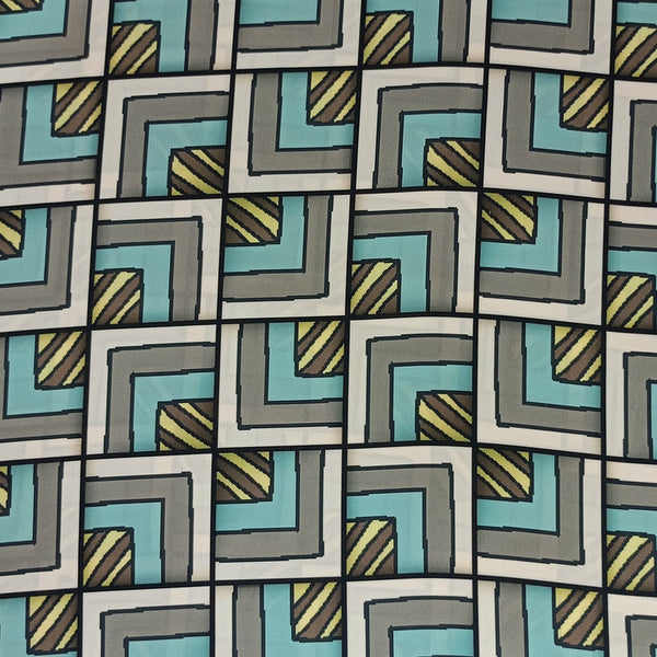 Geometrical Grey & Blue Box Print On Korean Satin KSPB23