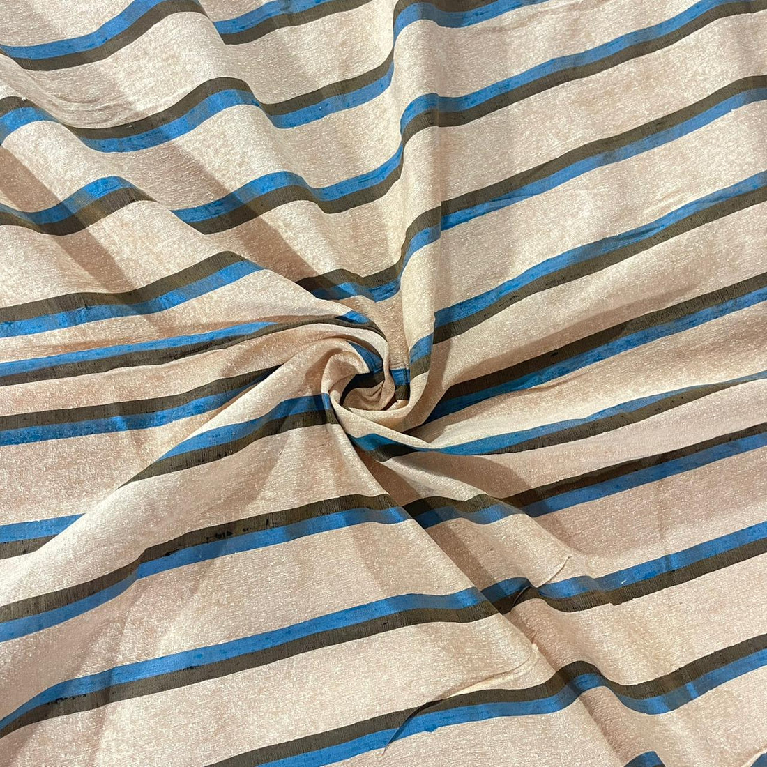 Raw Silk Dupion-Blue & Cream-Stripes