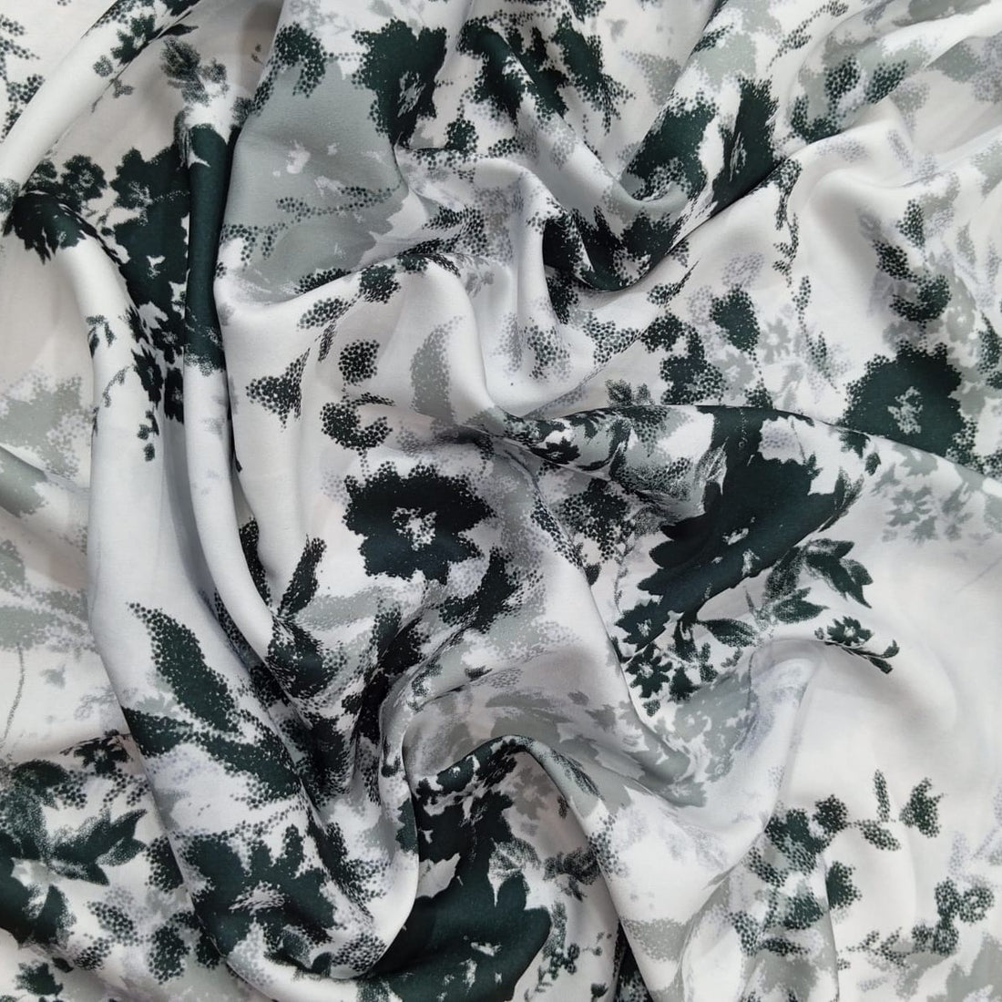 Chrome Satin White Base Black Flower Print Fabric CSPB01