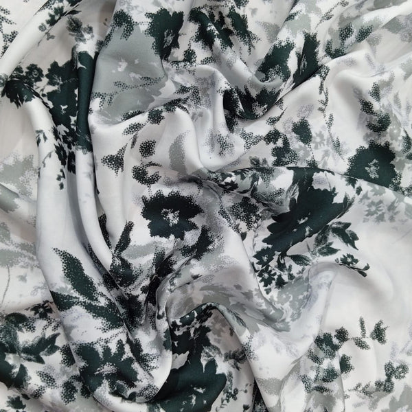 Chrome Satin White Base Black Flower Print Fabric CSPB01