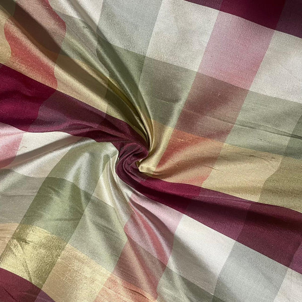 Dupion Silk -Red, Peach & Green -Check