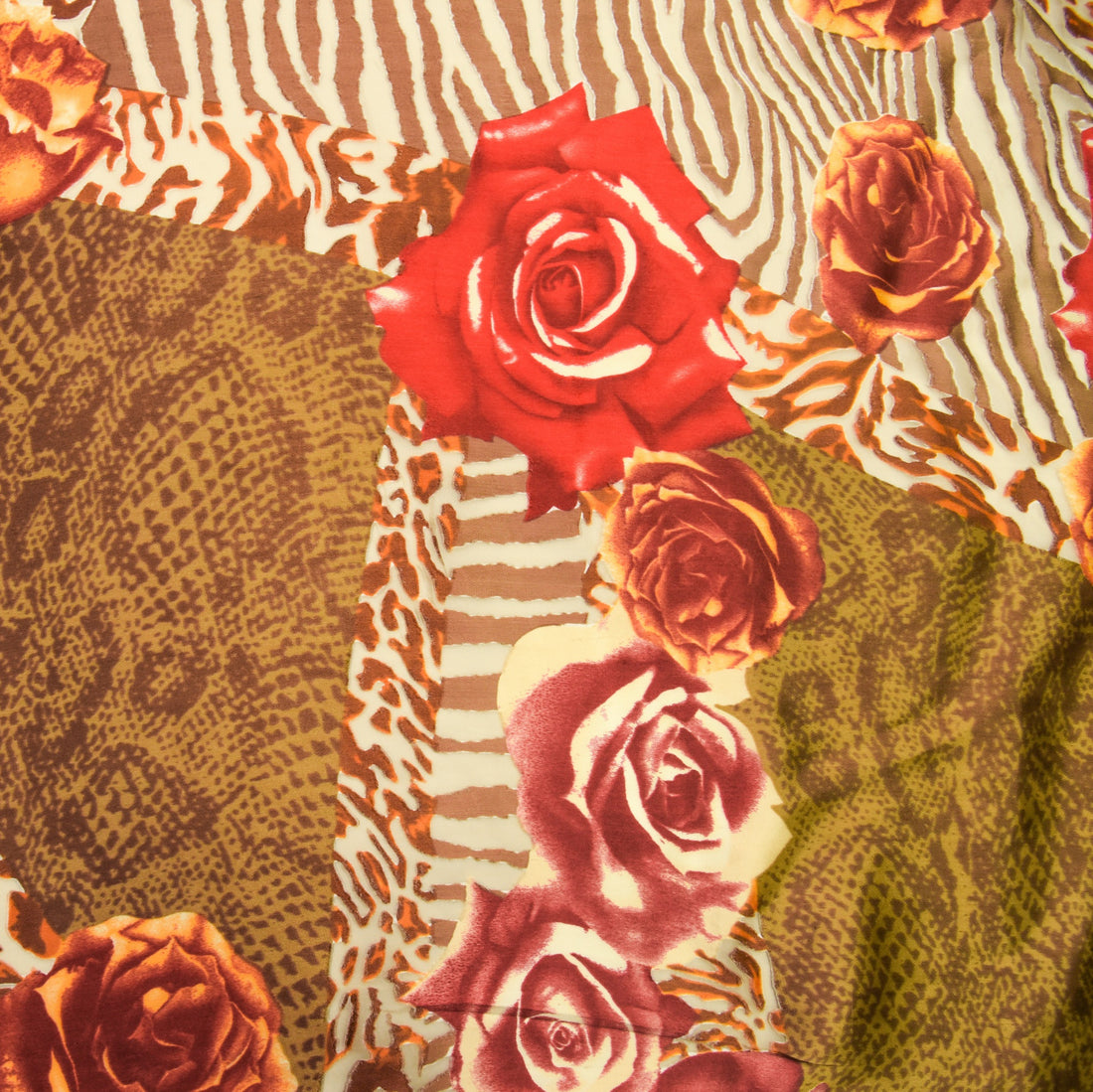 Red & Brown Print On Silk Satin Burnout