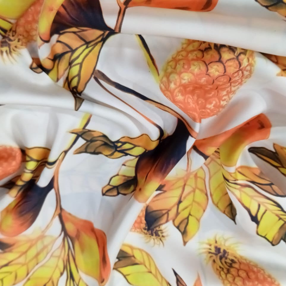 White Base Pineapple Print On Korean Satin KSPS125