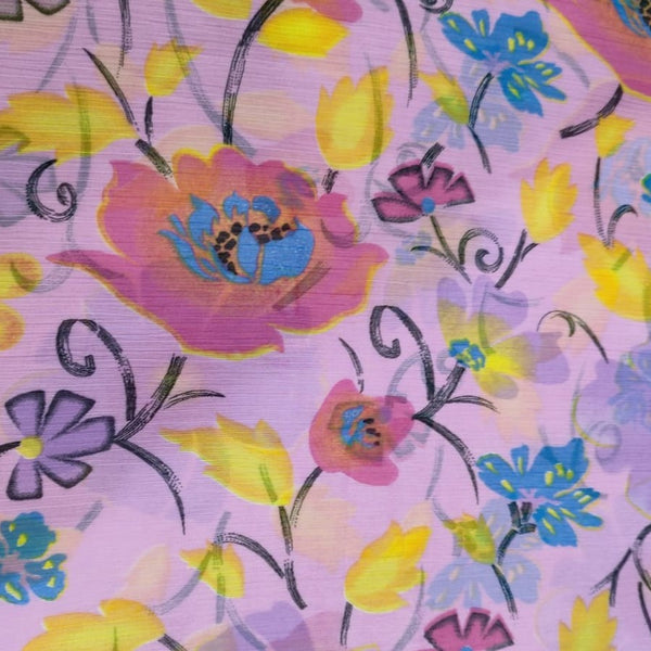 Pink Base Flower Print On Poly Chiffon PCPS01