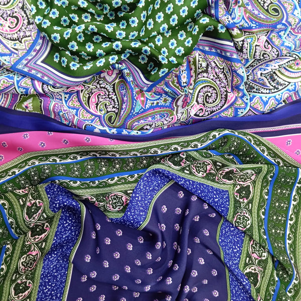 Blue & Green Pink Panel Print On korean Satin KSPS84