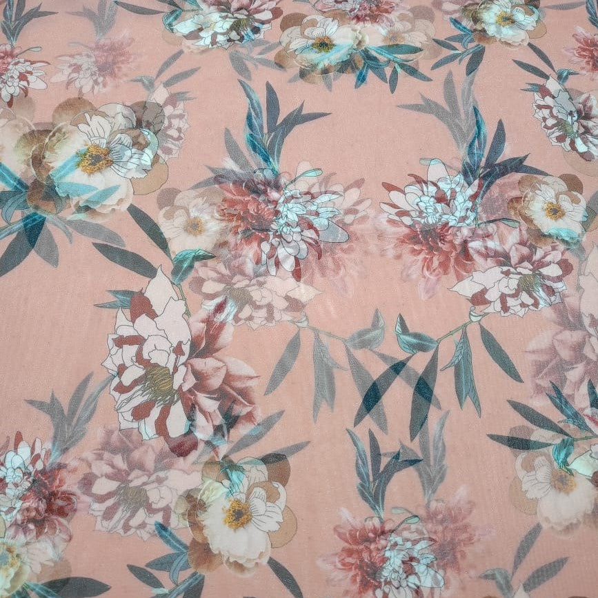 Peach Base Big Flower Print On Organza ORPS01