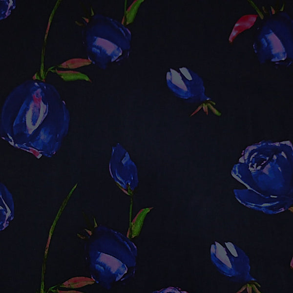 Blue Floral Print On Korean Satin KSPS21