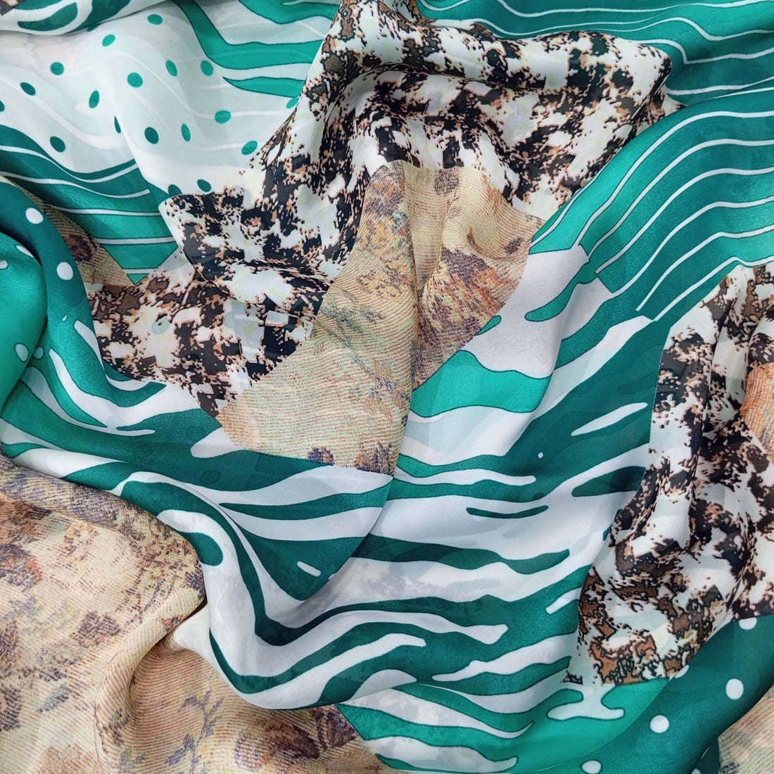 Blue & Brown Marble Print On Habutai Satin HSPS08