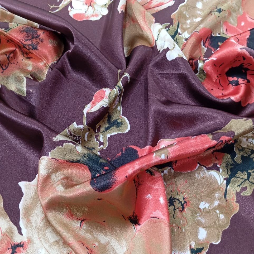 Sea Flower Brown Base Print On Satin Lycra SLPS02