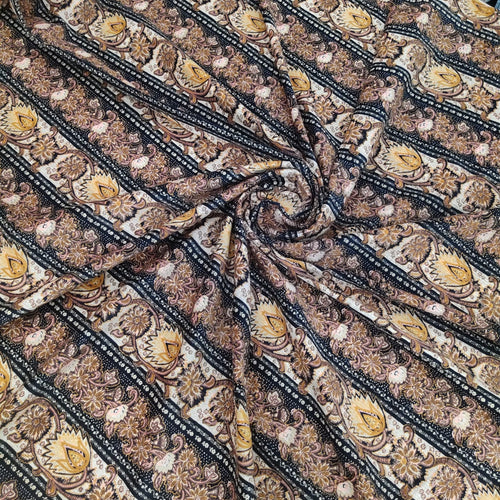 Brown Ethnic Floral Print On Cotton Corduroy Fabric