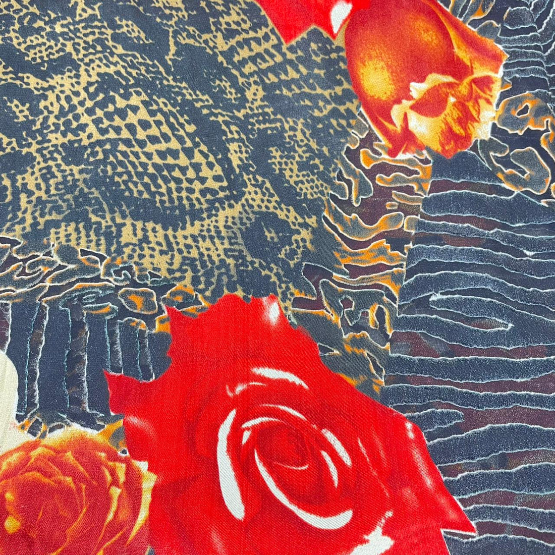 Black Base Burn Roses Print On Silk Satin Burnout