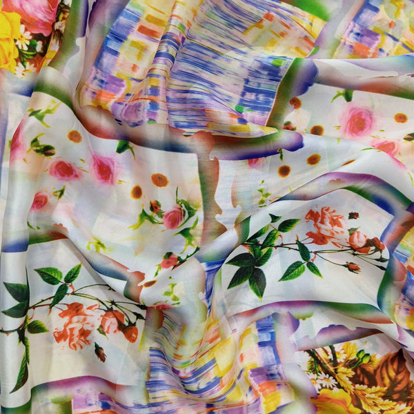 White Window Floral Print On Korean Satin KSPS64