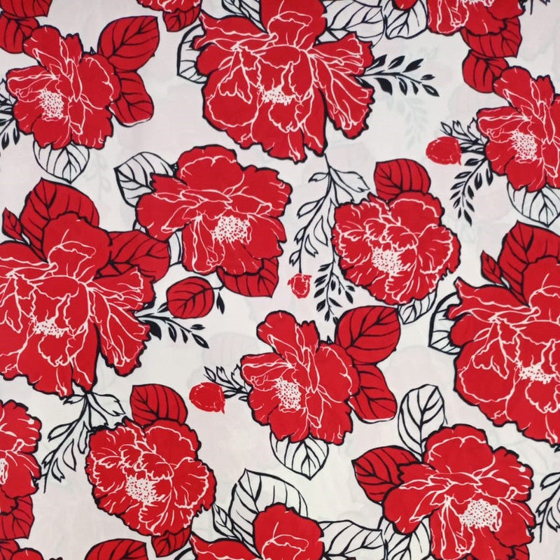 Red Flower Print On Korean Satin-KSPL40