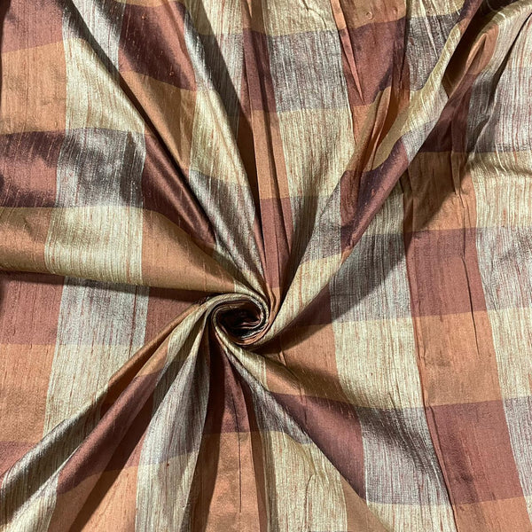 Raw Silk Dupion-Orange &  Red & Gold -Check (Handloom)