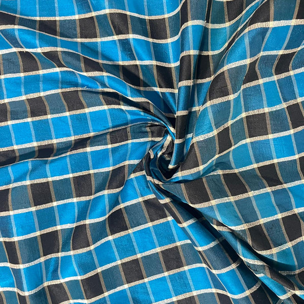 Raw Silk Dupion-Black & White & Sky Blue-Check