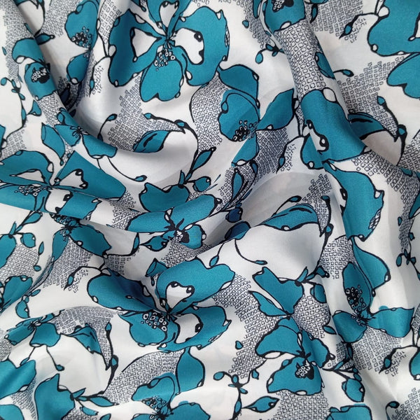 Blue Flower Print On Korean Satin KSPB67