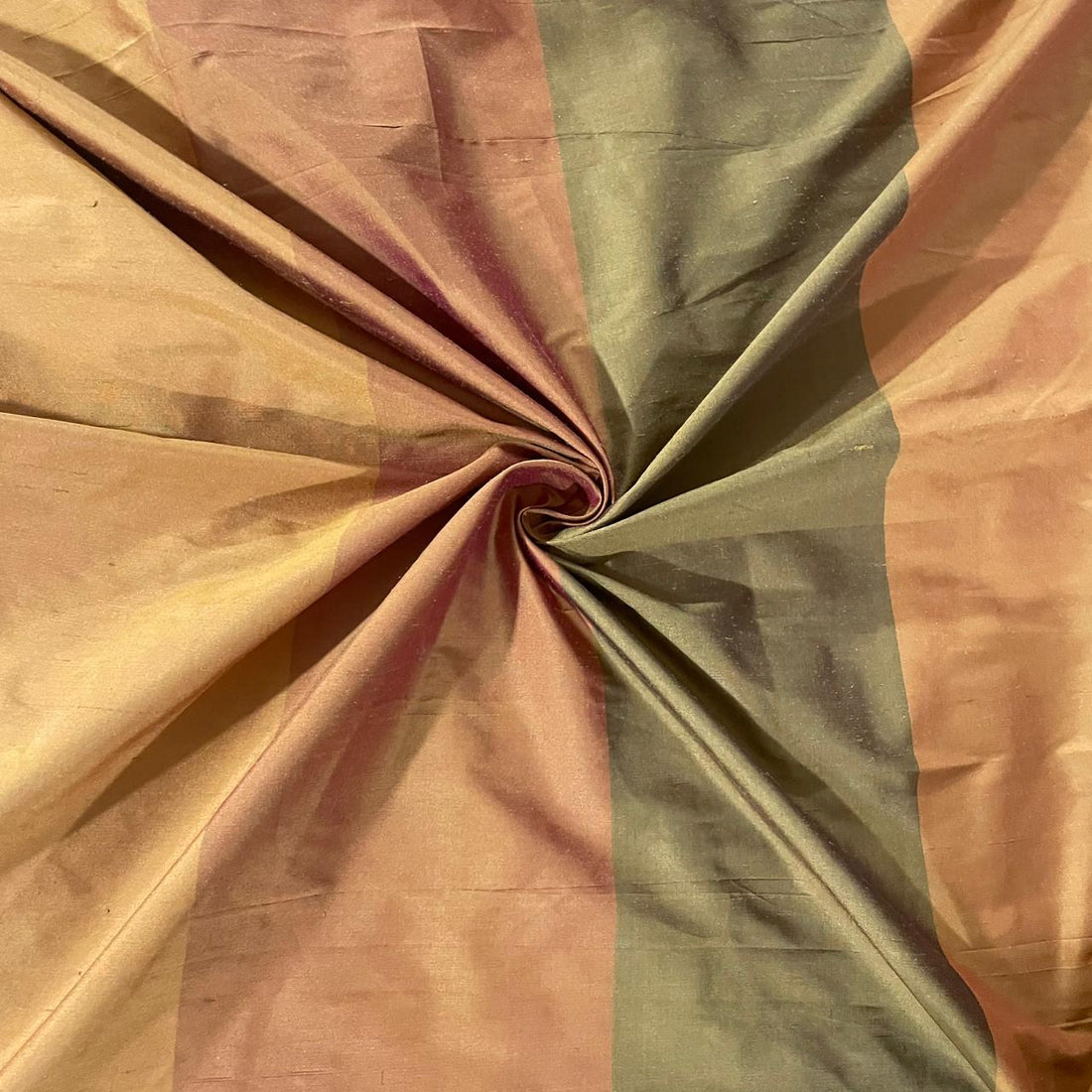 Raw Silk Dupion-Olive & Orange & Rust-Stripes