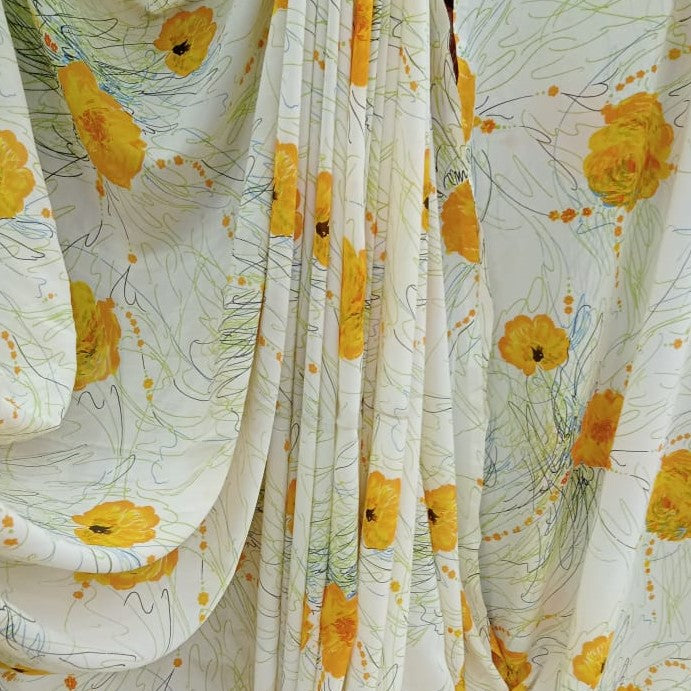White & Yellow Floral Print On Royal Georgette RGPS32