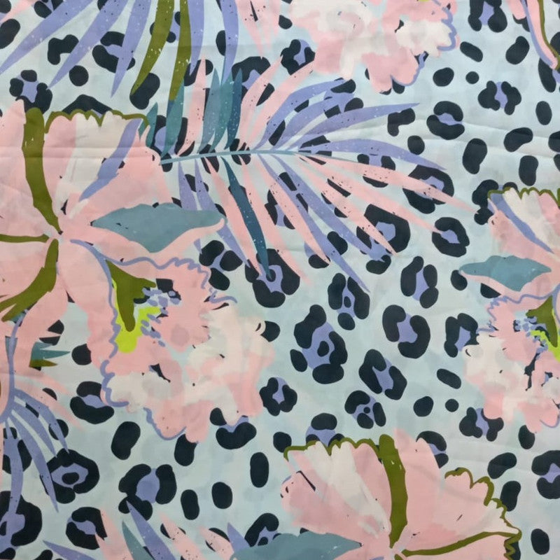 Pink Flowers Print On Korean Satin-KSPA21