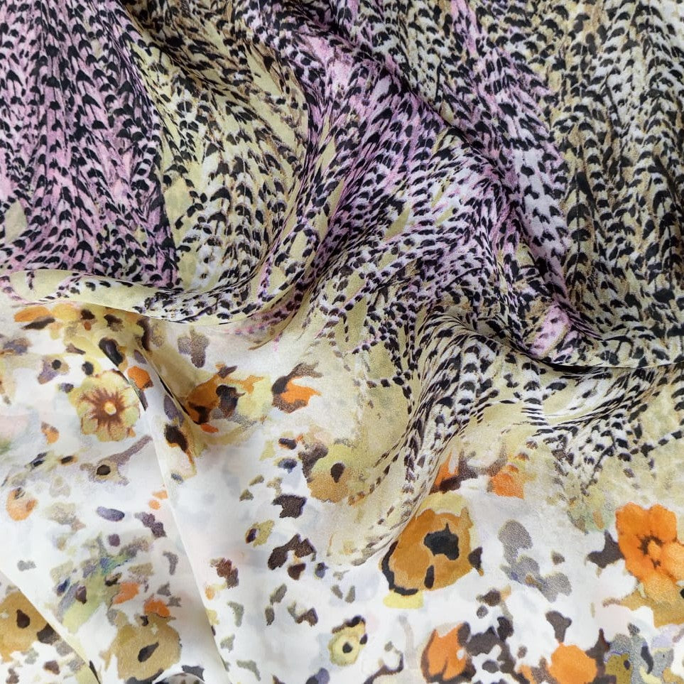 White Base Border Floral Print On Habutai Satin HSPS78