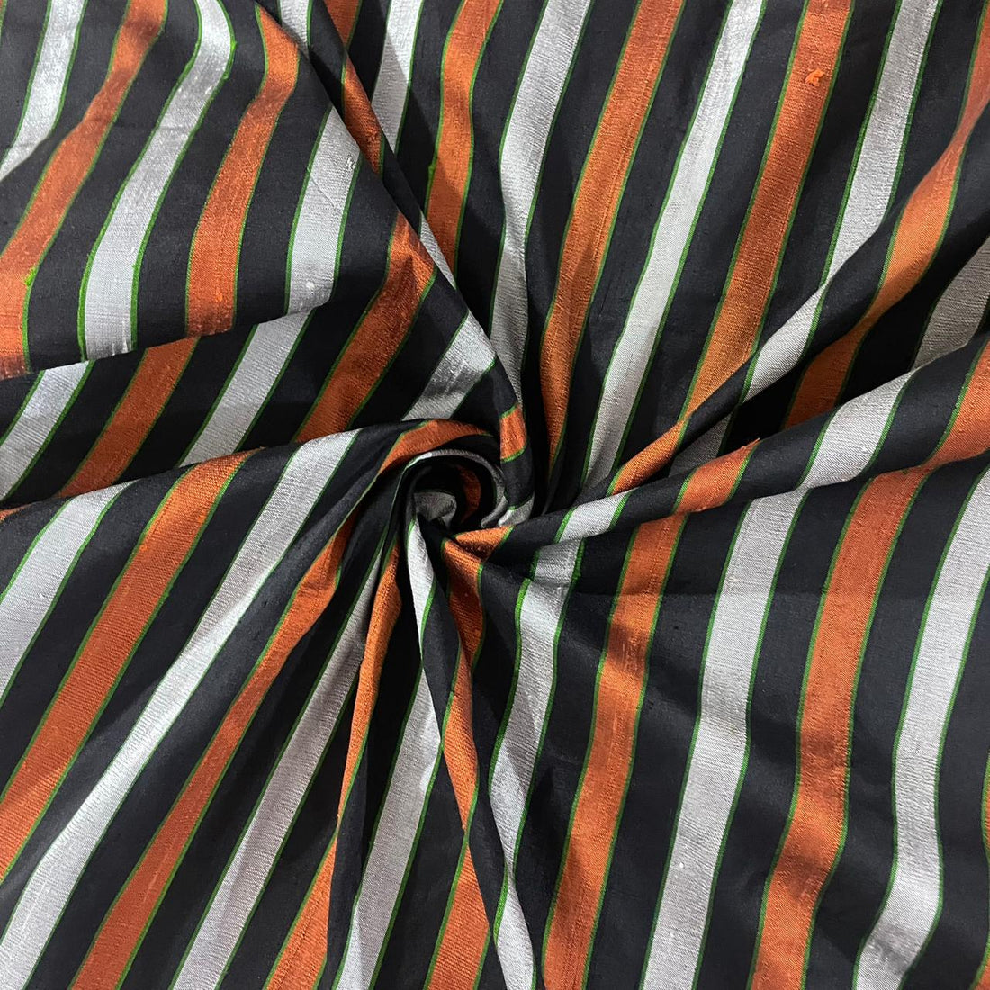 Raw Silk Dupion-Black & White & Orange-Stripes