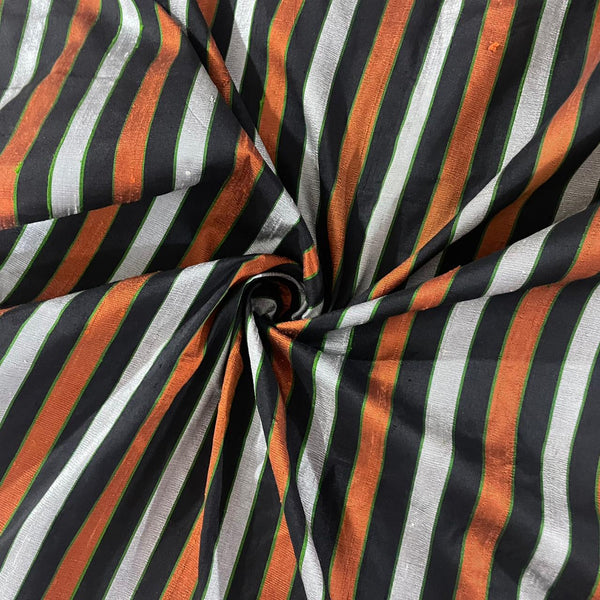 Raw Silk Dupion-Black & White & Orange-Stripes