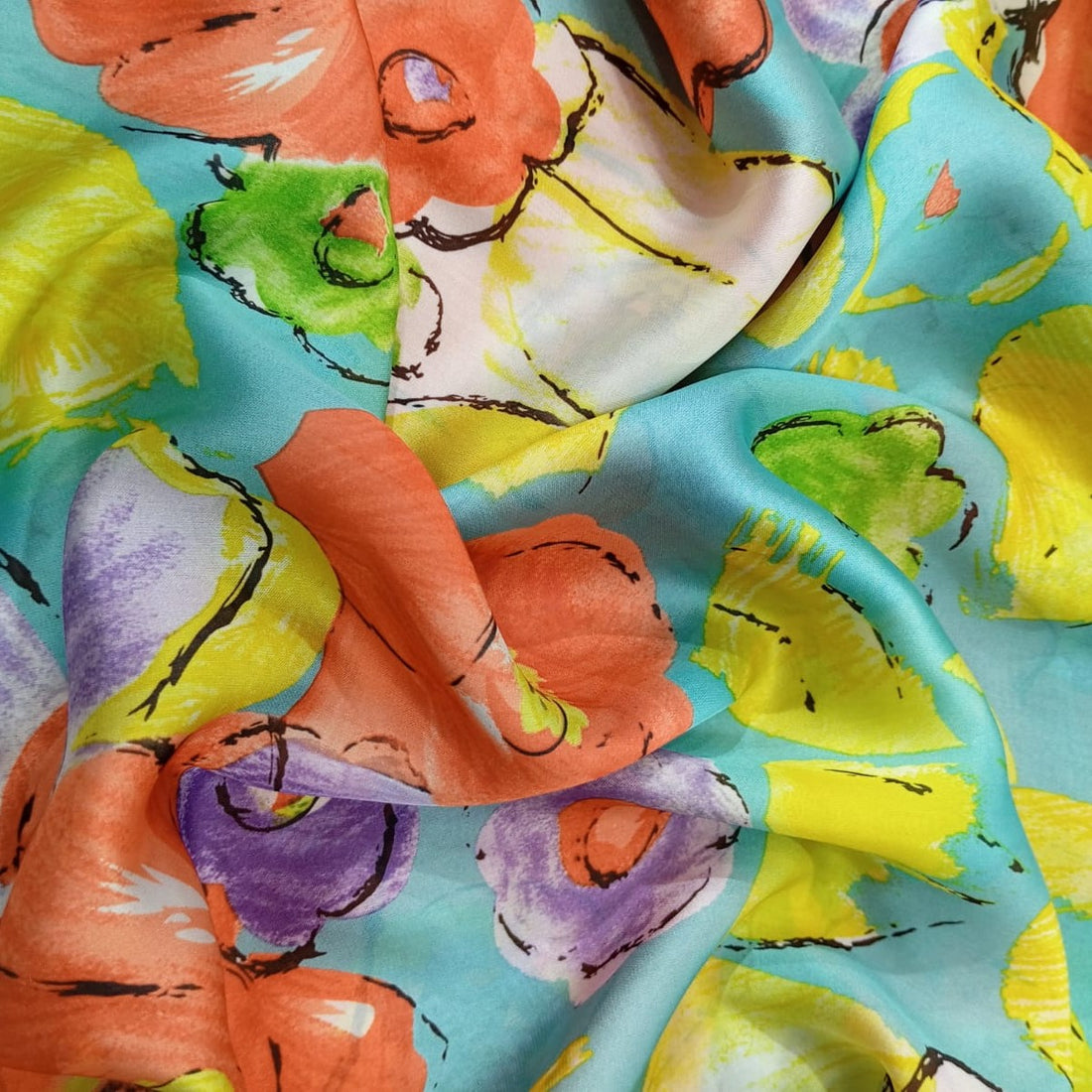 Ocean Base Floral Print On Korean Satin KSPS79