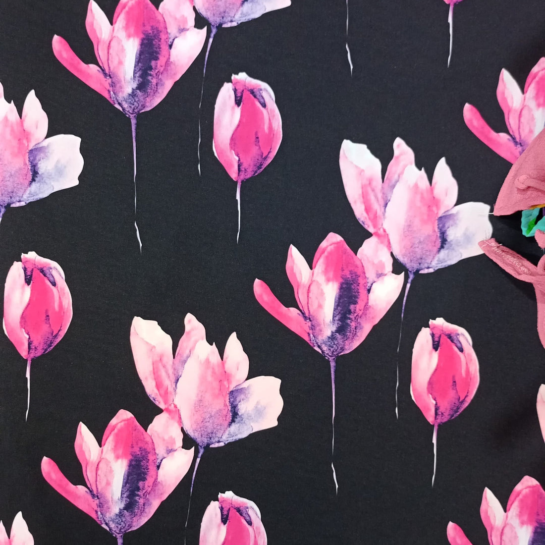 Flying Tulips (Black Pink) Print On Banana Crepe BCPS14