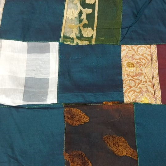 Teal Blue Multi Patchwork Silk Woven Fabric