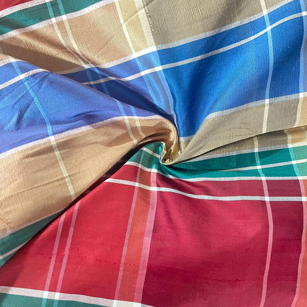 Dupion Silk -Red & Cream & Blue & Green-Check
