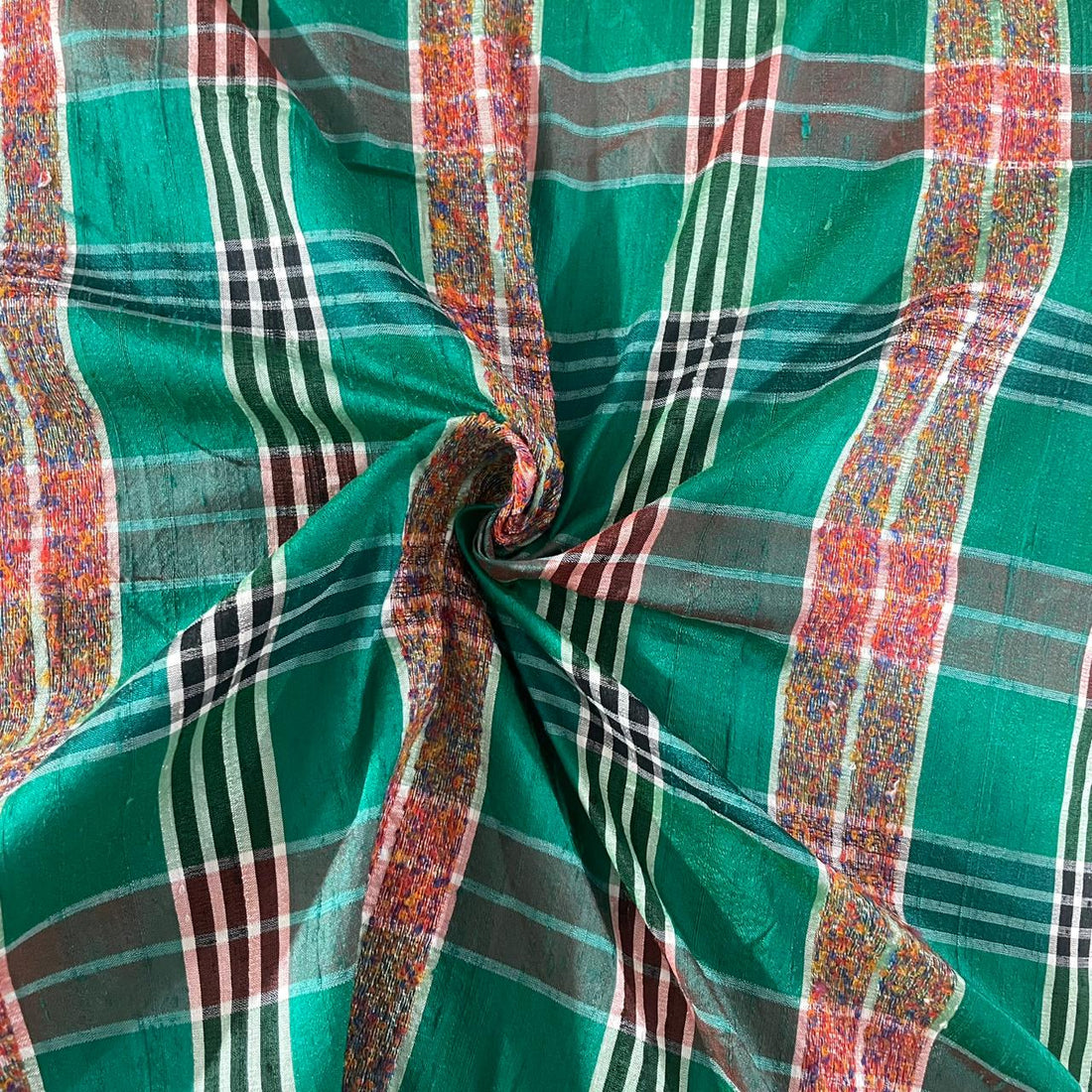 Raw Silk Dupion Green & Red Check