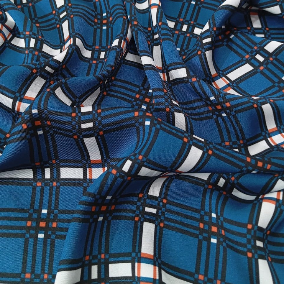 Blue Check Print On Twill Satin TSPS04