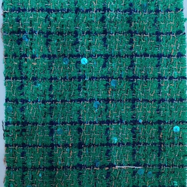 Green Sequins Blue Checks Summer Tweed Fabric