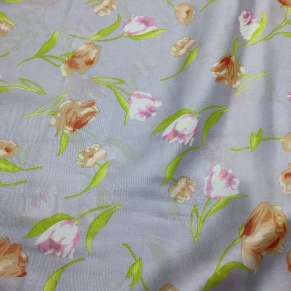 Grey Base Floral Print On Chiffon Satin-CSP1