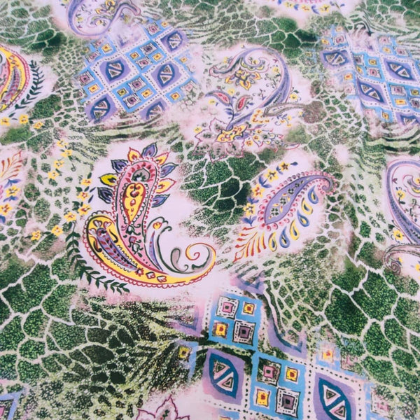Green Paisley Print On Korean Satin KSPS52