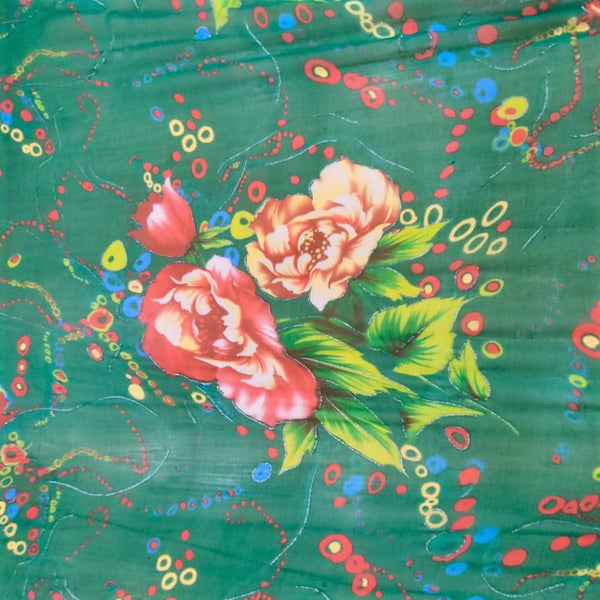Green Base Roses Print On Silk Chiffon-SCPS157