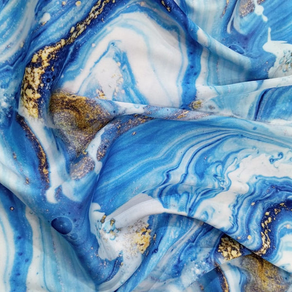 Sky Blue & White Marble Print On Korean Satin KSPA04