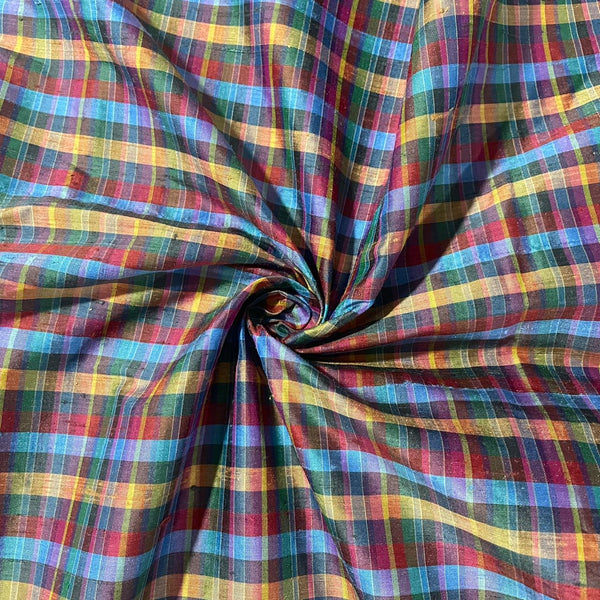 Raw Silk Dupion-Orange &  Red & Blue -Check