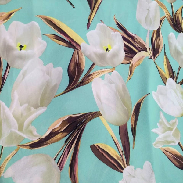 Flying Tulips (Aqua And White) Print On Banana Crepe-BCPS13