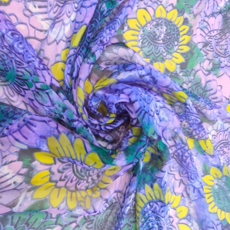 Purple Sunflower Print On Silk Chiffon SCPS257