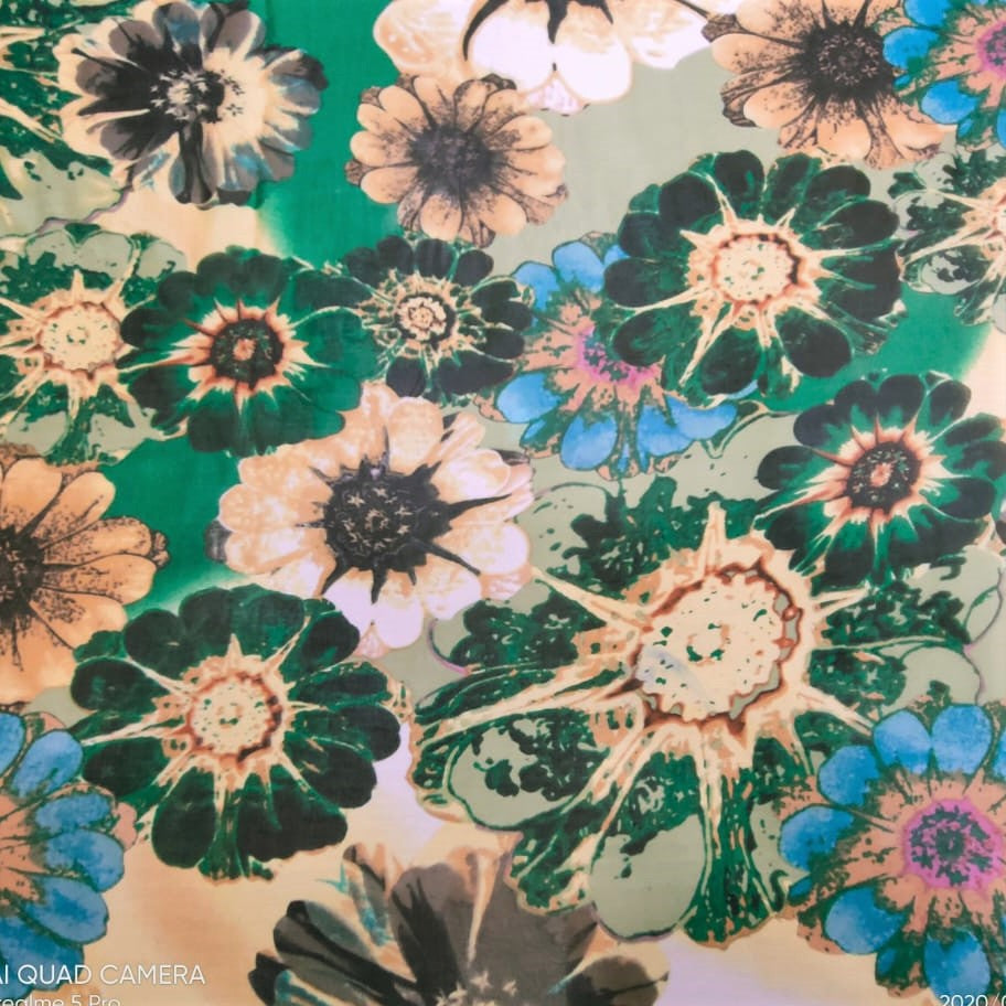 Vintage Green Flower Print On Silk Chiffon-SCPS206
