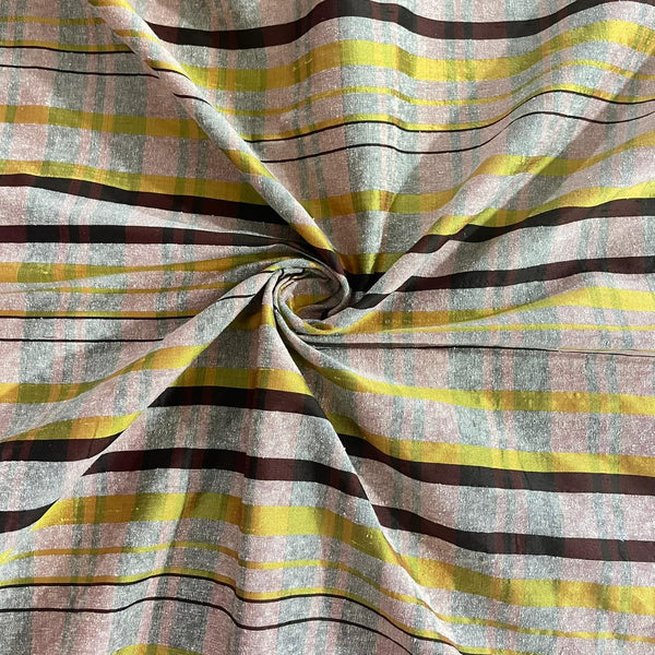Raw Silk Dupion-Gold & Brown & Green-Check